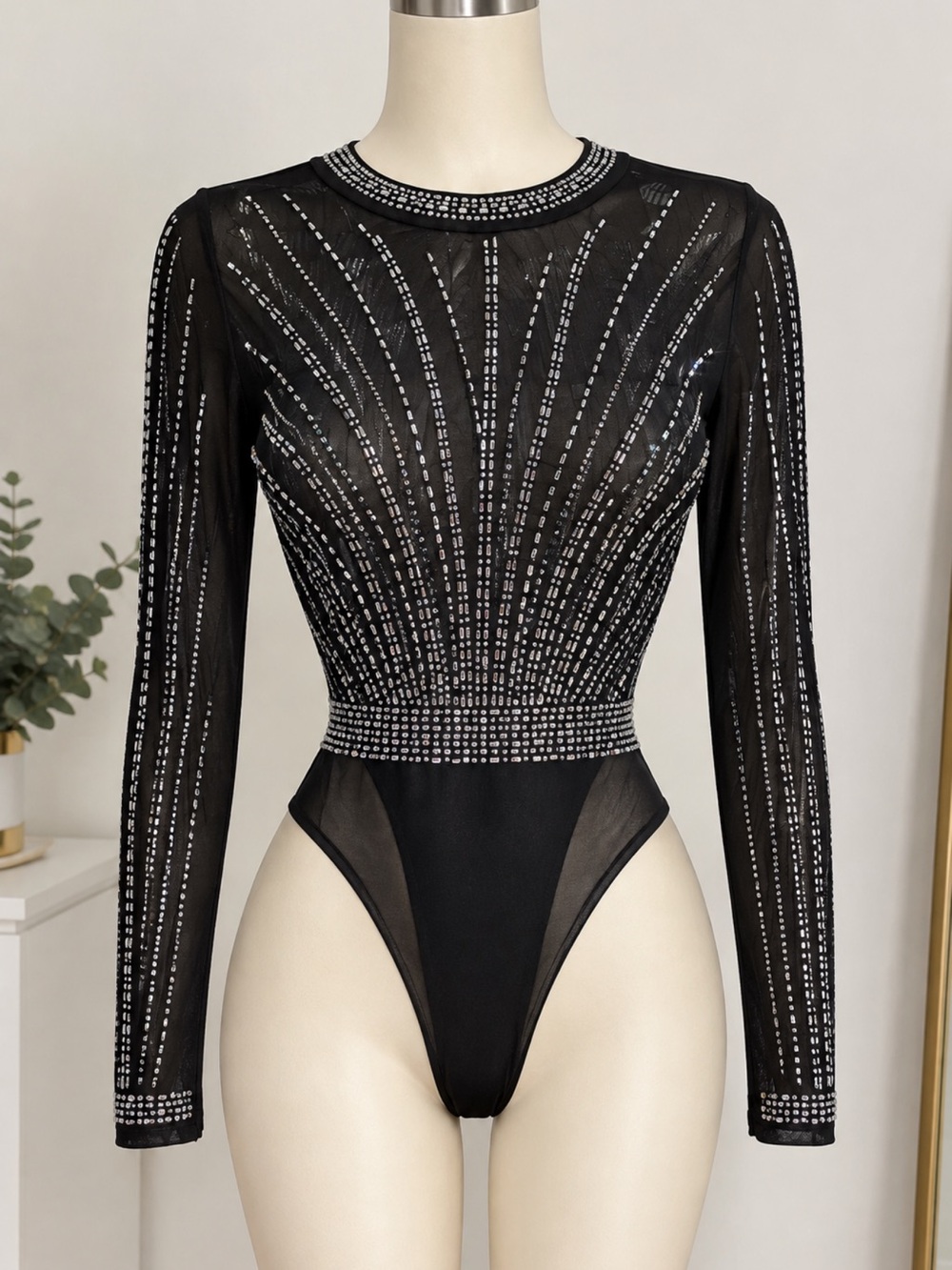Black Sequin-Embellished One-Piece Bodysuit